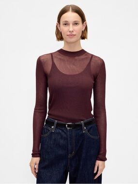 GAP Sheer Long-Sleeve Top in Burgundy